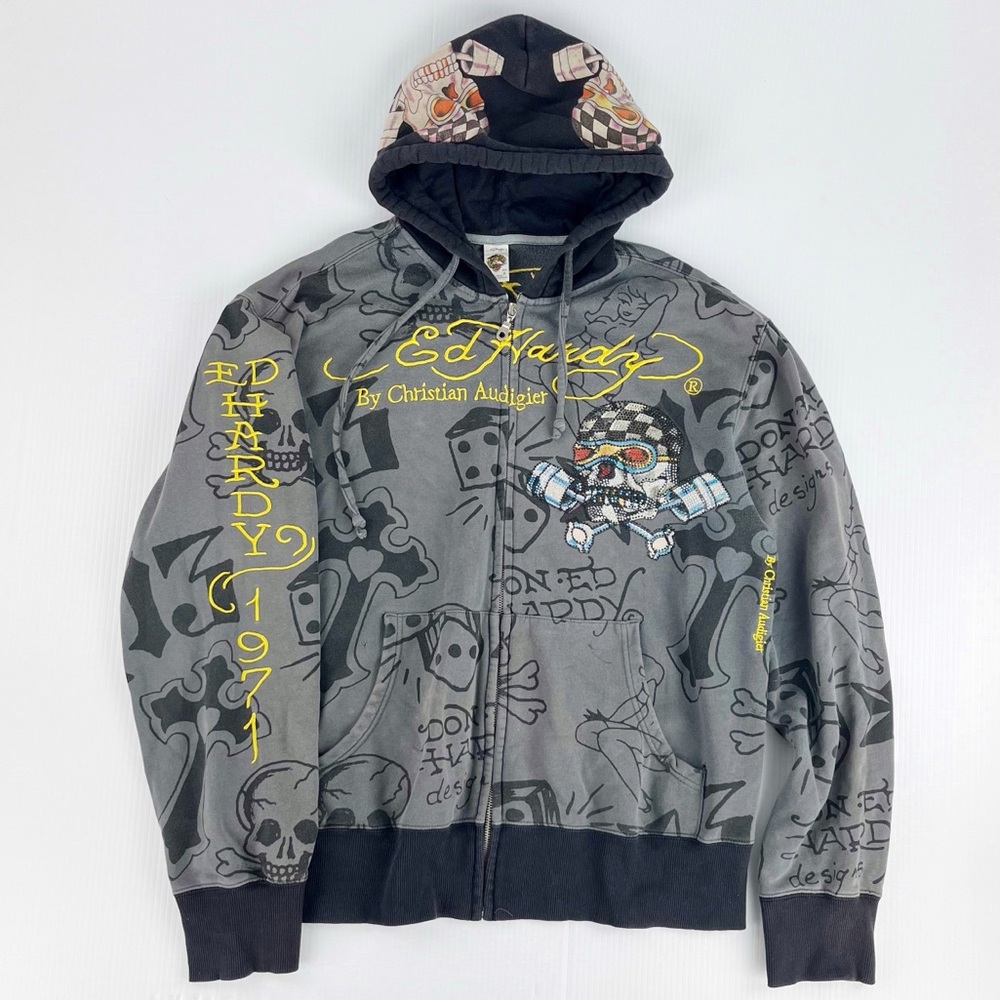 Vintage Don Ed Hardy Rhinestone Skull Piston Black Grey Hoodie Hooded Jacket Top